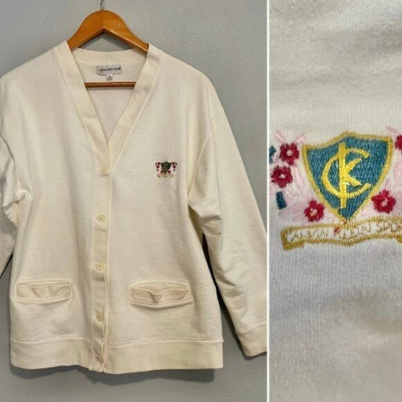 1960s Calvin Klein Varsity Sports Sweater with CK crest size M off white vintage - Picture 2 of 10